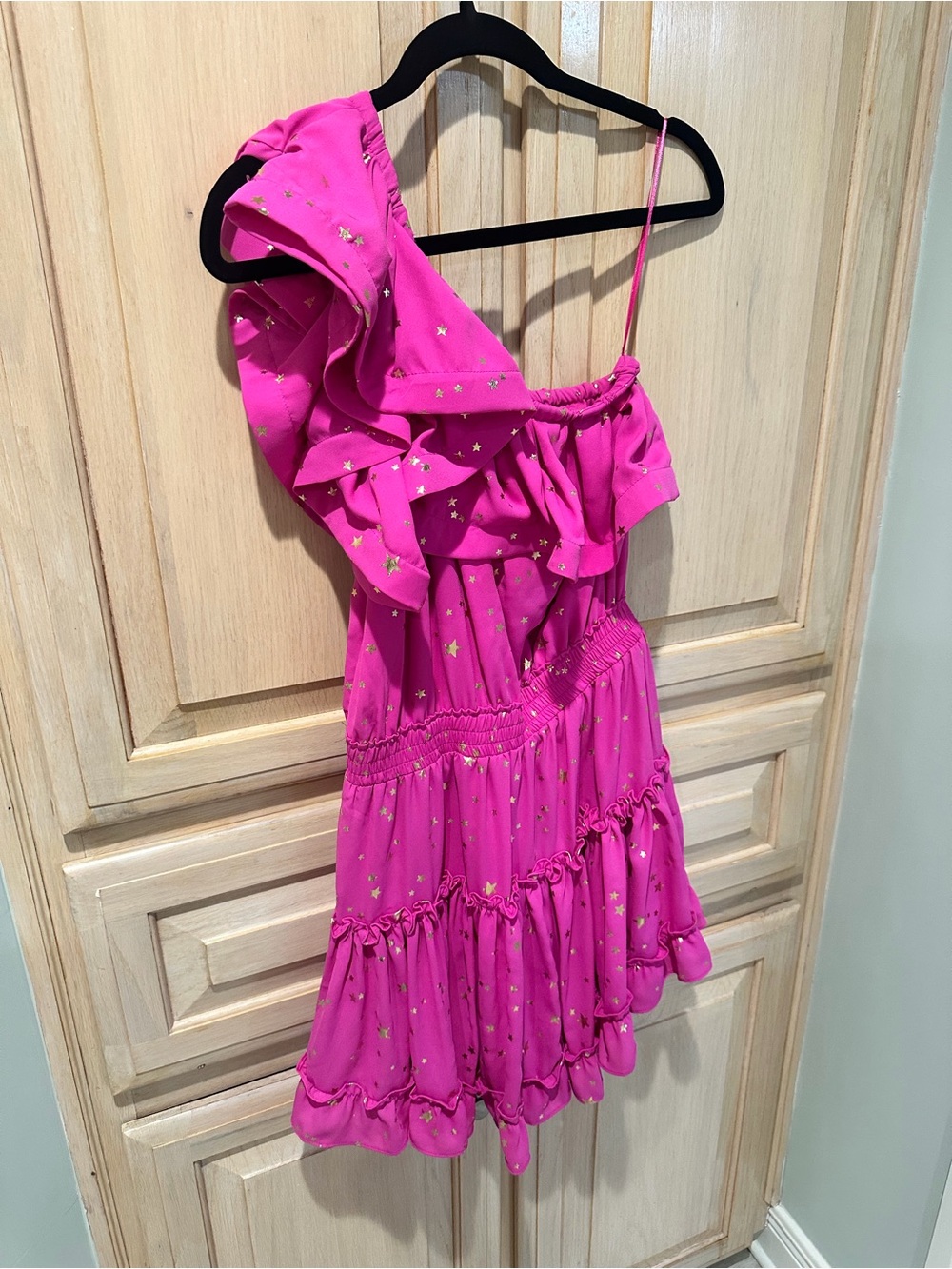 BuddyLove Pink Gold Star One Shoulder Ruffle Mini Dress
